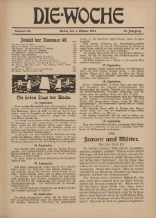 Die Woche : Moderne illustrierte Zeitschrift, 16. Jahrgang, 3. Oktober 1914, Nr 40