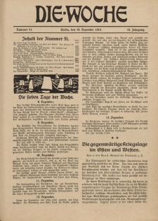 Die Woche : Moderne illustrierte Zeitschrift, 16. Jahrgang, 19. Dezember 1914, Nr 51