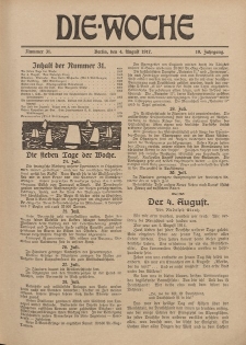Die Woche : Moderne illustrierte Zeitschrift, 19. Jahrgang, 4. August 1917, Nr 31