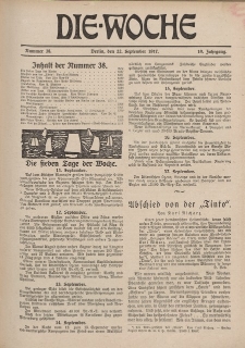Die Woche : Moderne illustrierte Zeitschrift, 19. Jahrgang, 22. September 1917, Nr 38