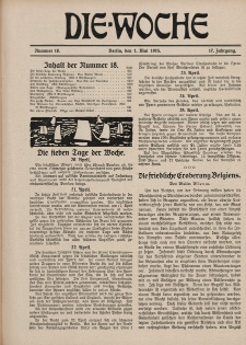 Die Woche : Moderne illustrierte Zeitschrift, 17. Jahrgang, 1. Mai 1915, Nr 18
