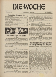 Die Woche : Moderne illustrierte Zeitschrift, 17. Jahrgang, 8. Mai 1915, Nr 19