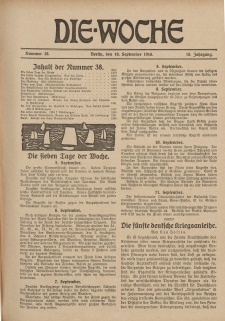 Die Woche : Moderne illustrierte Zeitschrift, 18. Jahrgang, 16. September 1916, Nr 38
