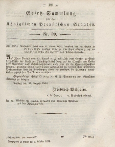Gesetz-Sammlung für die Königlichen Preussischen Staaten, 5. Oktober, 1852, nr. 39.