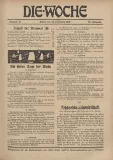 Die Woche : Moderne illustrierte Zeitschrift, 21. Jahrgang, 20. September 1919, Nr 38