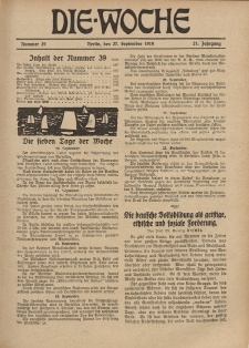 Die Woche : Moderne illustrierte Zeitschrift, 21. Jahrgang, 27. September 1919, Nr 39