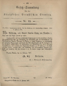Gesetz-Sammlung für die Königlichen Preussischen Staaten, 15. Februar, 1867, nr. 13.