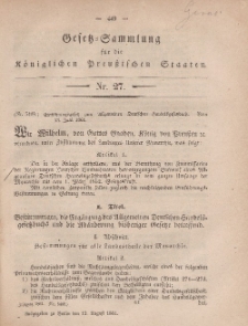 Gesetz-Sammlung für die Königlichen Preussischen Staaten, 12. August, 1861, nr. 27.
