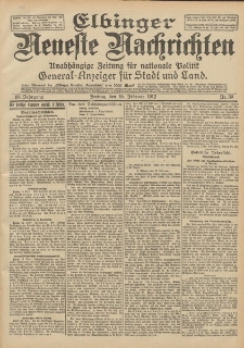 Elbinger Neueste Nachrichten, Nr. 39 Freitag 16 Februar 1912 64. Jahrgang