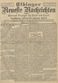 Elbinger Neueste Nachrichten, Nr. 90 Donnerstag 18 April 1912 64. Jahrgang