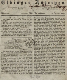 Elbinger Anzeigen, Nr. 1. Mittwoch, 4. Januar 1837