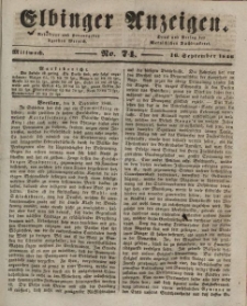 Elbinger Anzeigen, Nr. 74. Mittwoch, 16. September 1846
