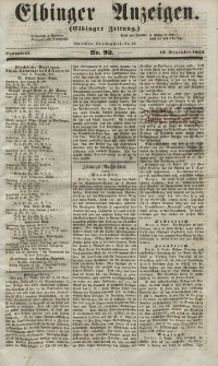 Elbinger Anzeigen, Nr. 92. Sonnabend, 13. November 1852