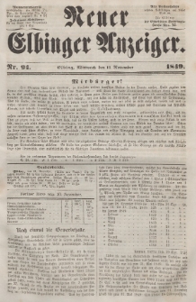Neuer Elbinger Anzeiger, Nr. 91. Mittwoch, 14. November 1849