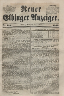 Neuer Elbinger Anzeiger, Nr. 183. Mittwoch, 2. Oktober 1850