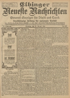 Elbinger Neueste Nachrichten, Nr. 200 Dienstag 27 August 1912 64. Jahrgang