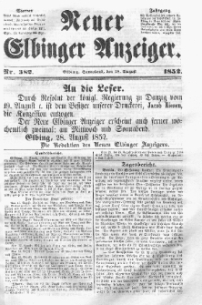Neuer Elbinger Anzeiger, Nr. 382. Sonnabend, 28. August 1852
