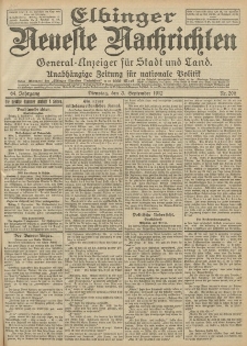 Elbinger Neueste Nachrichten, Nr. 206 Dienstag 3 September 1912 64. Jahrgang