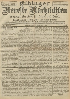 Elbinger Neueste Nachrichten, Nr. 218 Dienstag 17 September 1912 64. Jahrgang