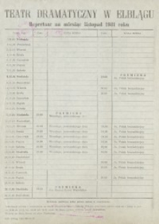 Repertuar Teatru Dramatycznego w Elblągu na listopad 1981 roku – ulotka