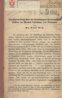Zur Klarstellung über die Beziehungen des deutschen Ordens zu Bischoff Christian von Preussen