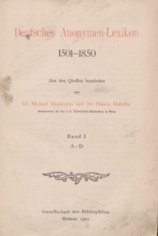 Deutsches Anonymen-Lexikon 1501-1850 Band I. A - D