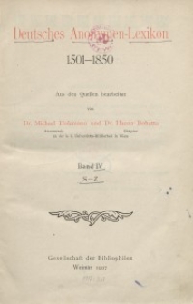 Deutsches Anonymen-Lexikon 1501-1850 Band IV. S – Z