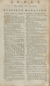 Index: The European Magazine. Vol. VI, 1784