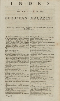 Index: The European Magazine. Vol. XII, 1787