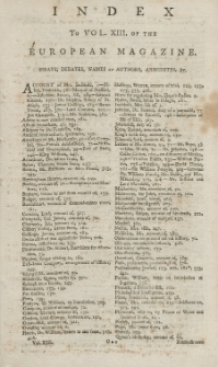 Index: The European Magazine. Vol. XIII, 1788