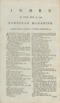 Index: The European Magazine. Vol. XVI, 1789