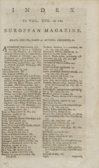 Index: The European Magazine. Vol. XVII, 1790