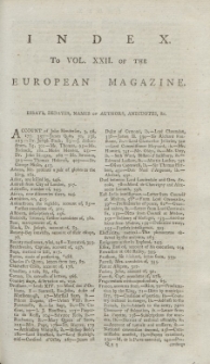 Index: The European Magazine. Vol. XXII, 1792