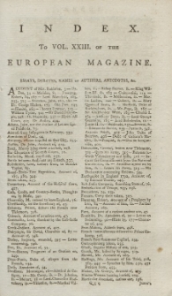 Index: The European Magazine. Vol. XXIII, 1793