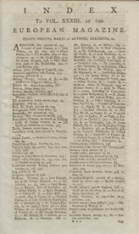 Index: The European Magazine. Vol. XXXIII, 1798