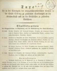 Taxe der in den Sprengeln der evangelisch=lutheranischen Kirchen in der Stadt Elbing zu geistlichen Handlungen an die Kirchen=...