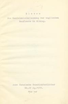 Die Handelsniederlassung der englischen Kaufleute in Elbing