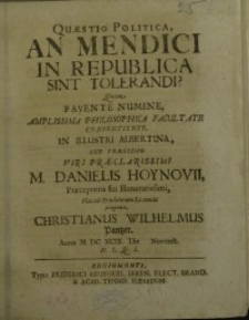 Quaestio politica an mendici in republica sint tolerandi ?