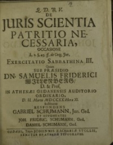 De juris scientia patritio necessaria, occasione ... exercitatio Sabbathina III....