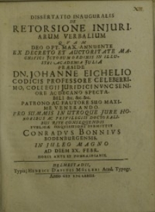 Dissertatio Inauguralis De Retorsione Injuriarum Verbalium, quam... Johanne Eichelio...