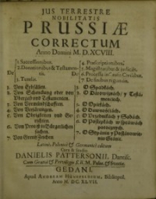 Jus Terrestre Nobilitatis Prussiae: Correctum Anno Domini M.D.XCVIII.: 1. De Successionibus, 2. De Donationibus &...