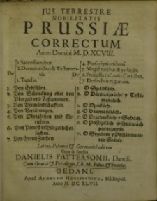 Jus Terrestre Nobilitatis Prussiae: Correctum Anno Domini M.D.XCVIII.: 1. De Successionibus, 2. De Donationibus &...