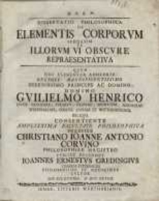 Dissertatio Dissertatio Philosophica De Elementis Corporum Speciatim De Illorum vi Obscure Repraesentativa...