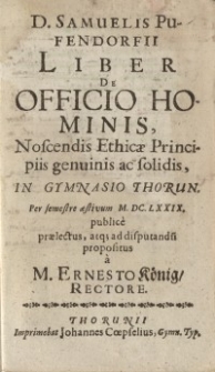 D. Samuelis Pufendorfii liber de officio hominis, noscendis ethicae principis...
