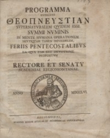 Programma evincens ΘΕΟΠΝΕΥΣΤΙΑΝ supernaturalem quidem esse summi numinis in mente humana operationem neutiquam tamen...