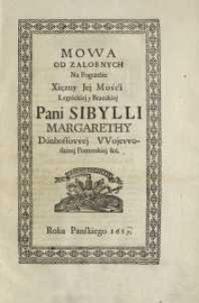 Mowa od zalobnych na pogrzebie Xięzny jej Mości Legnickiej Brzeskiej Pani Sibylli Margarethy Dönhoffowej Wojewodzinej Pomorskiej