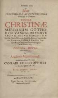 Solennia Vota pro Salute Serenissimae [...] Christinae Suecorum Gothorum Vandalorumque Reginae [...] Natali eiusdem XXVII ...