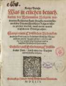 Kurtzer Bericht was in etlichen benachbarten der Reformirter Religion verwandten Kirchen der Lande Preussen...