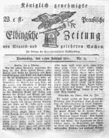 Elbingsche Zeitung, No. 13 Donnerstag, 13 Februar 1800