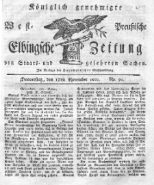 Elbingsche Zeitung, No. 91 Donnerstag, 13 November 1800